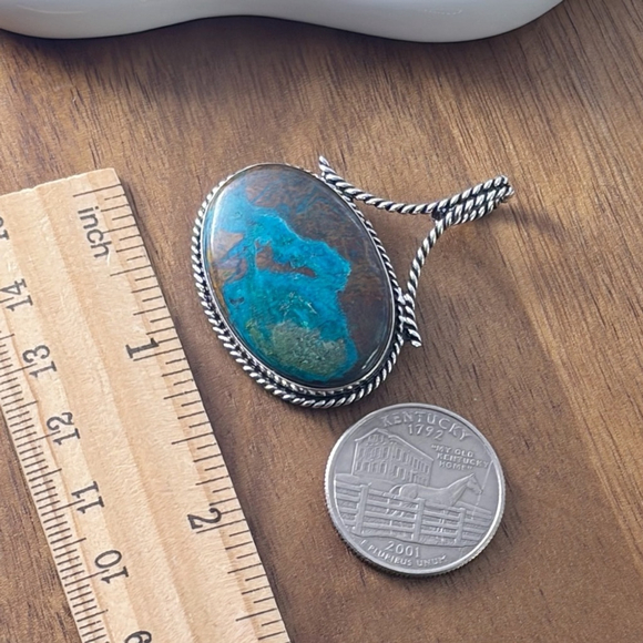 Blue Chrysocolla Pendant Chunky Boho Southwest New 925 Sterling Silver Overlay - Picture 6 of 6